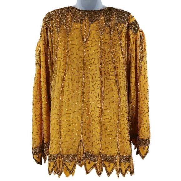 Vintage Mustard Yellow Silk Beaded Top with Gold Beading & Embroidery | Tag Size - Picture 2 of 5